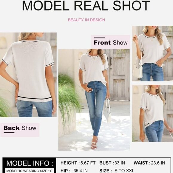 Womens Tops Trendy Casual Short Sleeve Shirts Crewneck Lightweight Knit Sweater - Picture 5 of 6